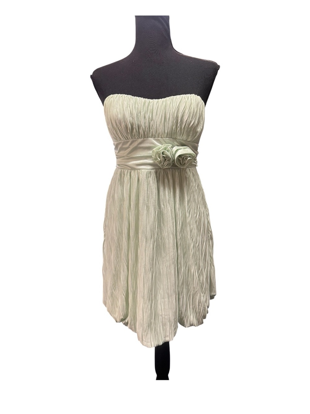 Strapless Light Green Ruched Satin Waist Dress with Floral Accent Size small
